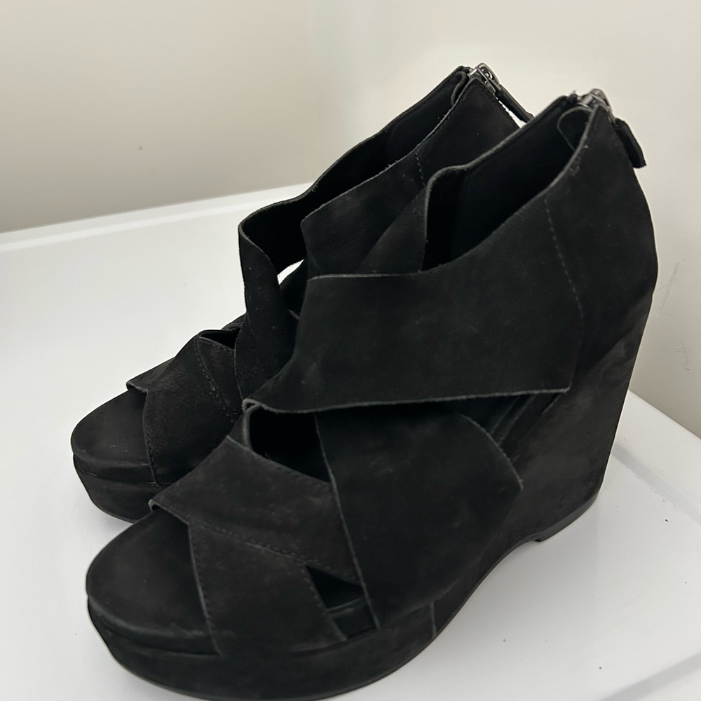 Eileen Fisher Suede Wedge Sandals Zipper Detail Zipper Detail Black Size 6